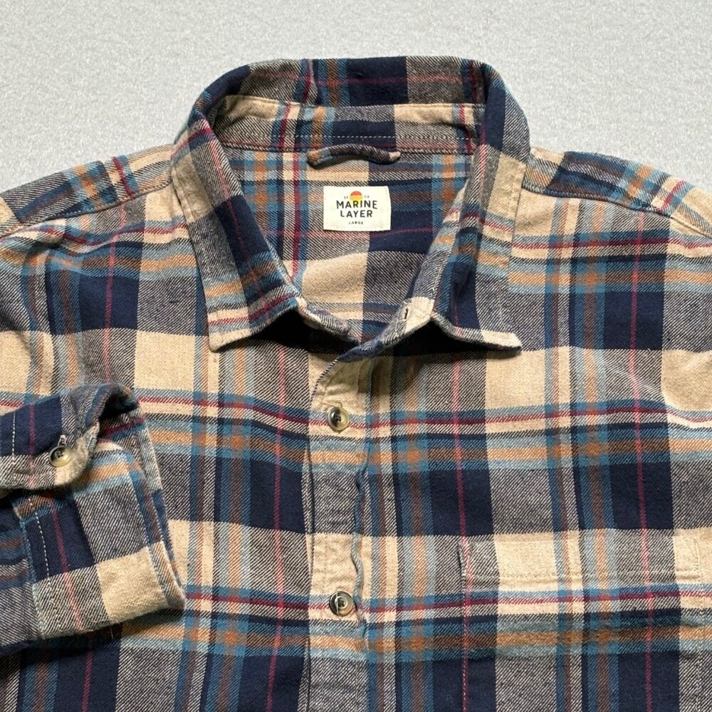 Marine Layer Plaid Casual Button Down Shirt - Blue and Tan